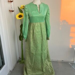 Vintage 60s 70s Vibrant Lime Green Monochrome Metallic Formal Maxi Dress